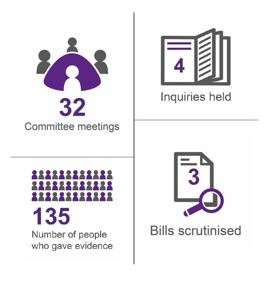 Graphics show that the Committee held 32 Committee meetings, held 4 inquiries and scrutinised 3 Bills in the course of the year. The Committee also heard evidence form 135 witnesses.
